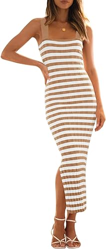 MEROKEETY Women's 2024 Summer Striped Knit Bodycon Midi Dress
