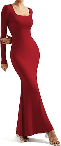 SUUKSESS Women Ribbed Maxi Long Sleeve Dress Square Neck Sexy Bodycon Dresses