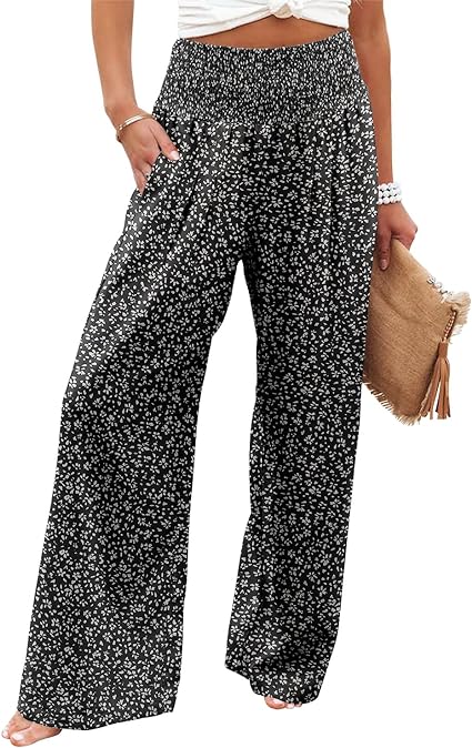 Angerella Womens Elastic High Waisted Palazzo Pants Casual Wide Leg