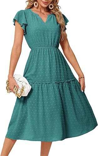 JASAMBAC Womens Dresses Casual Wrap V Neck Ruffle Short Sleeves