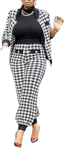 LKOUS 2 Piece Work Suits for Women's Houndstooth Print