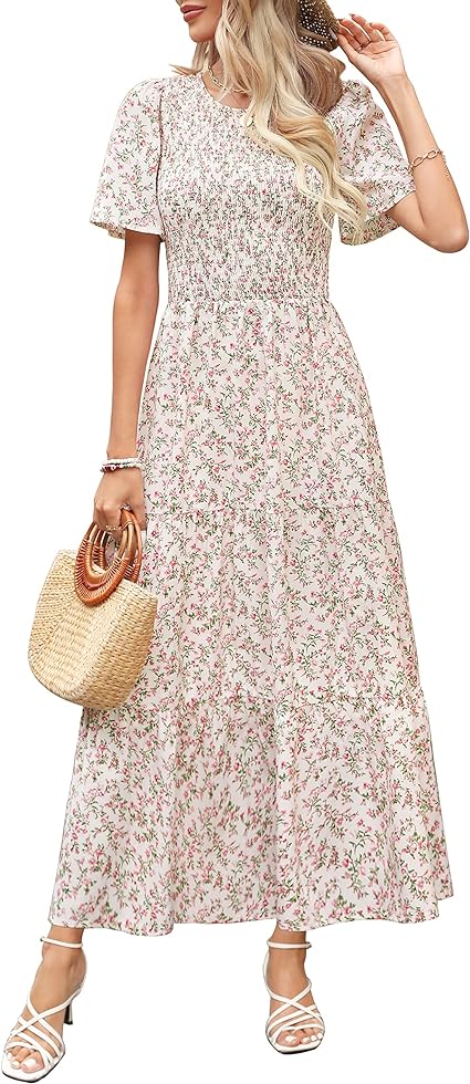 Maggeer Womens Spring Smocked Wedding Guest Maxi Dress