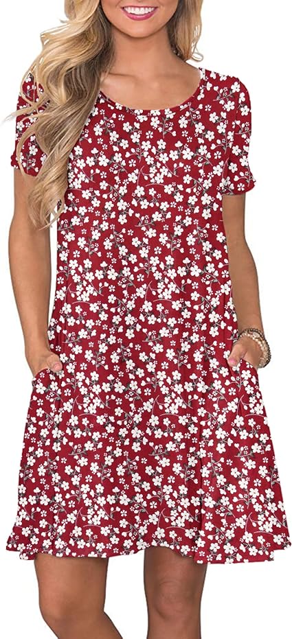 WNEEDU Women's Summer Casual T Shirt Dresses Short Sleeve Swing Dress with Pockets
